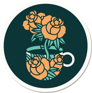 Geleneksel bir kupa stili dövme çıkartması ve bir insan tarafından çizilmiş çiçekler.