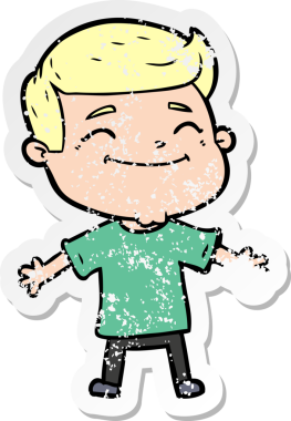 Bir insan tarafından çizilmiş kolları açık, mutlu bir çizgi film karakterinin sıkıntılı çıkartması.