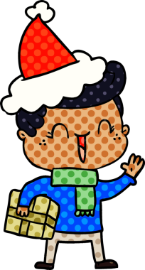 Bir insan tarafından çizilmiş Noel Baba şapkası takan gülen bir çocuğun el çizimi çizgi roman çizimi.