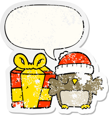 Tatlı noel baykuşu, konuşma baloncuğu, bir insan tarafından çizilmiş sıkıntılı eski bir çıkartma.