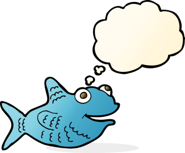 Bir insan tarafından çizilmiş düşünce balonlu mutlu balık çizgi filmi.