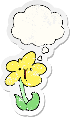 Düşünce baloncuğu olan karikatür çiçeği insan tarafından çizilmiş yıpranmış bir çıkartma gibi.