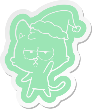 Bir insan tarafından çizilmiş Noel Baba şapkası takan bir kedinin garip çizgi film çıkartması.