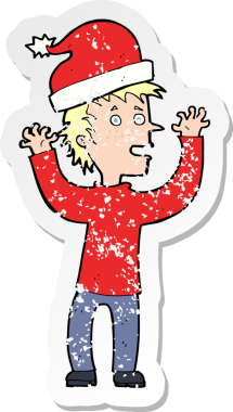 Bir insan tarafından çizilmiş Noel 'e hazır karikatürcü bir adamın gerilimli çıkartması.