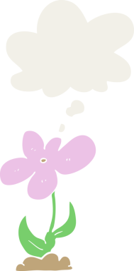 Düşünce baloncuğu olan karikatür çiçeği insan tarafından çizilmiş.