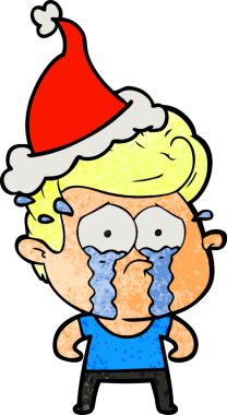 Bir insan tarafından çizilmiş, ağlayan, Noel Baba şapkası takan bir adamın el yapımı karikatürü.