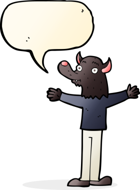 Bir insan tarafından çizilmiş konuşma balonu olan çizgi film dostu kurt adam.