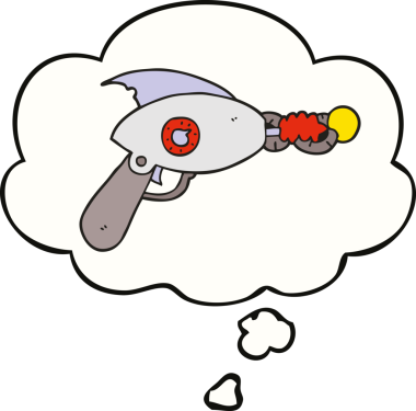 Bir insan tarafından çizilmiş düşünce baloncuklu bir ışın tabancası.