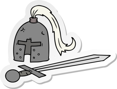 Bir insan tarafından çizilmiş ortaçağ miğferi ve kılıcının el çizimi karikatürü.