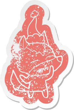 Garip çizgi film, bir insanın çizdiği Noel Baba şapkasını takan dişlerini gösteren bir kurt çıkartması.