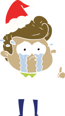 Bir insan tarafından çizilmiş Noel Baba şapkası giymiş ağlayan bir adamın düz renkli çizimi.