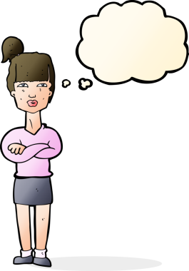 Bir insan tarafından çizilmiş düşünce baloncuğuyla rahatsız bir kadın.