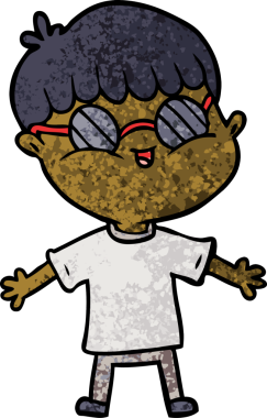 Bir insan tarafından çizilmiş gözlük takan çizgi film çocuğu.