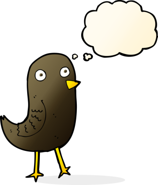 Bir insan tarafından çizilmiş düşünce baloncuklu komik çizgi film kuşu.