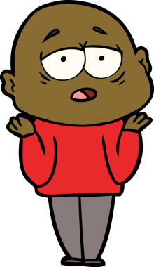 Bir insan tarafından çizilmiş yorgun, kel bir adam.