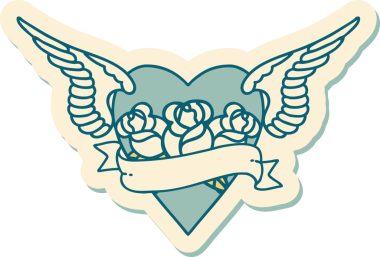 Geleneksel kalp stili dövme çıkartması. Kanatları, çiçekleri ve insan sancağıyla çizilmiş.