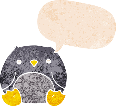 grunge 'da konuşma balonu olan karikatür pengueni bir insan tarafından çizilmiş tedirgin geçmiş dokulara sahip.