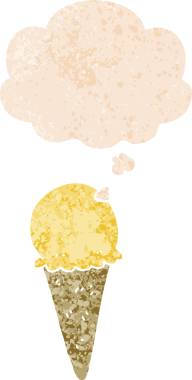 Düşünce baloncuklu çizgi film dondurması grunge sıkıntılı retro desenli bir insan tarafından çizilmiş