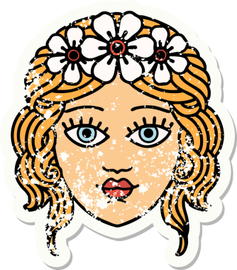 Bir insan tarafından çizilmiş çiçek tacıyla geleneksel bir kadın yüzü dövmesi.