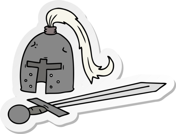 Bir insan tarafından çizilmiş ortaçağ miğferi ve kılıcının el çizimi karikatürü.