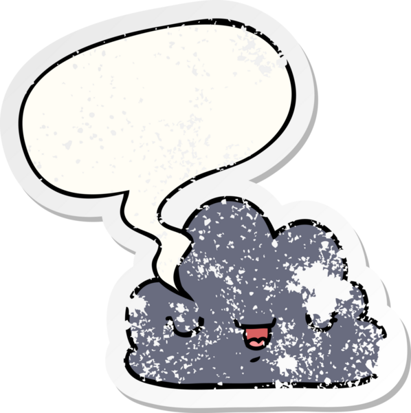 Konuşma baloncuğu olan sevimli çizgi film bulutu bir insan tarafından çizilmiş sıkıntılı eski bir çıkartma