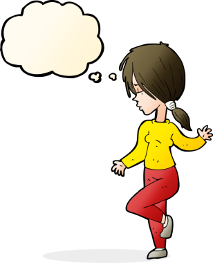 Bir insan tarafından çizilmiş düşünce baloncuğuyla dans eden çizgi film kızı.