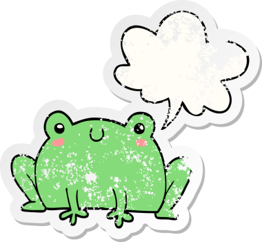 Konuşma baloncuğu olan karikatür kurbağası bir insan tarafından çizilmiş sıkıntılı eski bir çıkartma