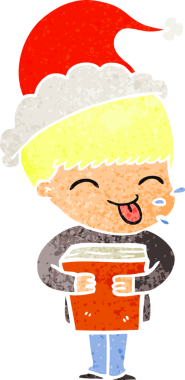 Bir insan tarafından çizilmiş Noel Baba şapkası giyen bir çocuğun el çizimi karikatürü.