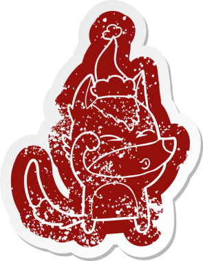 Bir insan tarafından çizilmiş Noel Baba şapkasıyla somurtan bir kurt çıkartması.