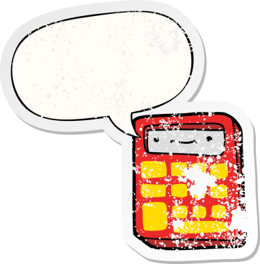 Konuşma baloncuğu olan çizgi film hesap makinesi bir insan tarafından çizilmiş sıkıntılı eski bir çıkartma