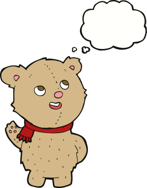 Bir insan tarafından çizilmiş düşünce baloncuklu atkısı olan sevimli oyuncak ayı.