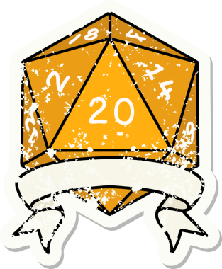 Bir insan tarafından çekilen 20 kritik vuruşluk D20 zar atımının grunge çıkartması.