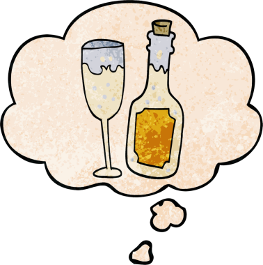 Karikatür şampanya şişesi ve bir insan tarafından çizilmiş grunge desenli düşünce baloncuklu cam.