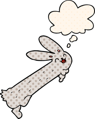 Bir insan tarafından çizilmiş çizgi roman tarzında düşünce balonu olan komik çizgi film tavşanı.