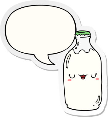 Bir insan tarafından çizilmiş konuşma balonu etiketli şirin bir süt şişesi.