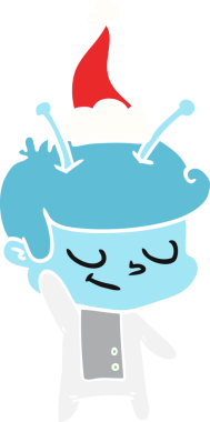 Bir insan tarafından çizilmiş Noel Baba şapkası giyen bir uzaylının dostane çizilmiş düz renk çizimi.