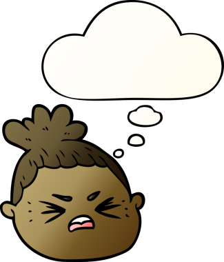 Bir insan tarafından çizilmiş, düşünce baloncuklu çizgi film kadın yüzü.