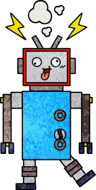 Bir insan tarafından çizilmiş çatlak bir robotun retro grunge desen karikatürü