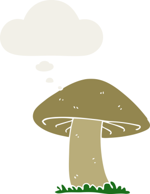 Düşünce baloncuğu olan çizgi film mantarları insan tarafından çizilmiş.