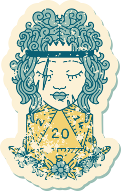 Bir insan tarafından çizilmiş doğal yirmi zarlı insan barbarının grunge sticker 'ı.