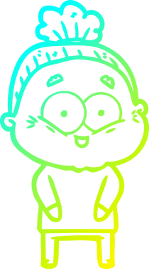 Bir insan tarafından çizilmiş, mutlu, yaşlı bir kadının çizimi.