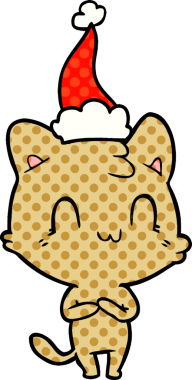 Bir insan tarafından çizilmiş Noel Baba şapkası takan mutlu bir kedinin el çizimi çizgi roman çizimi.