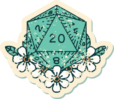 Retro Dövme Biçimi Doğal 20 D20 zar bir insan tarafından çizilmiş çiçek elementleriyle