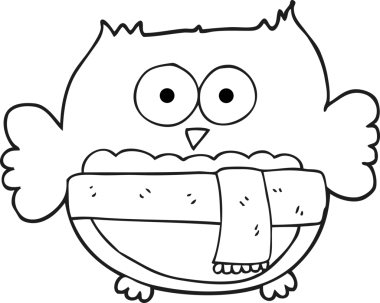 Bir insan tarafından çizilmiş eşarp takan siyah beyaz bir baykuş.