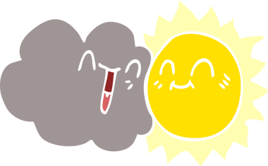 Bir insan tarafından çizilmiş mutlu güneş ve bulut karalaması.