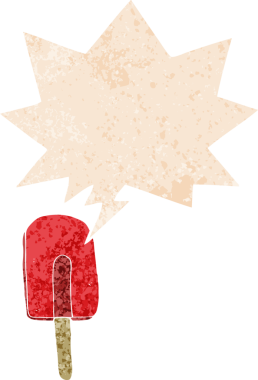 bir insan tarafından çizilmiş grunge sıkıntılı retro stil konuşma balonu ile çizgi film buz lolipopu