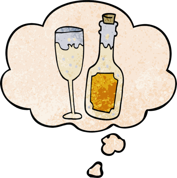 Karikatür şampanya şişesi ve bir insan tarafından çizilmiş grunge desenli düşünce baloncuklu cam.