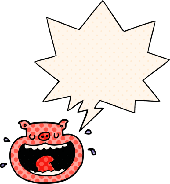 Bir insan tarafından çizilmiş çizgi roman tarzında konuşma balonu olan iğrenç bir domuz.