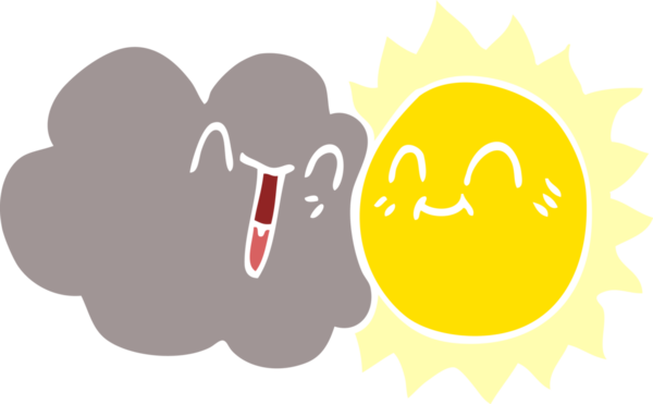 Bir insan tarafından çizilmiş mutlu güneş ve bulut karalaması.