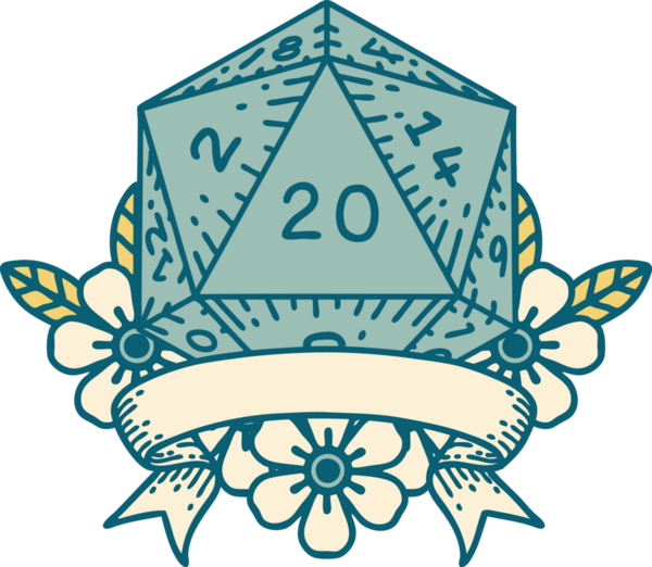 Retro Dövme Biçimi Doğal 20 kritik vuruş D20 zar bir insan tarafından çizildi